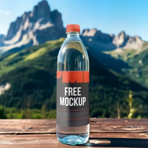 FREE Adventure-Themed Bottle Mockup with Majestic Mountain Background (PSD)