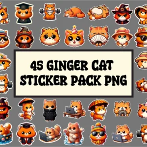 FREE 45 Adorable Ginger Cat PNG Stickers – Kawaii Orange Cat for Planners & Design